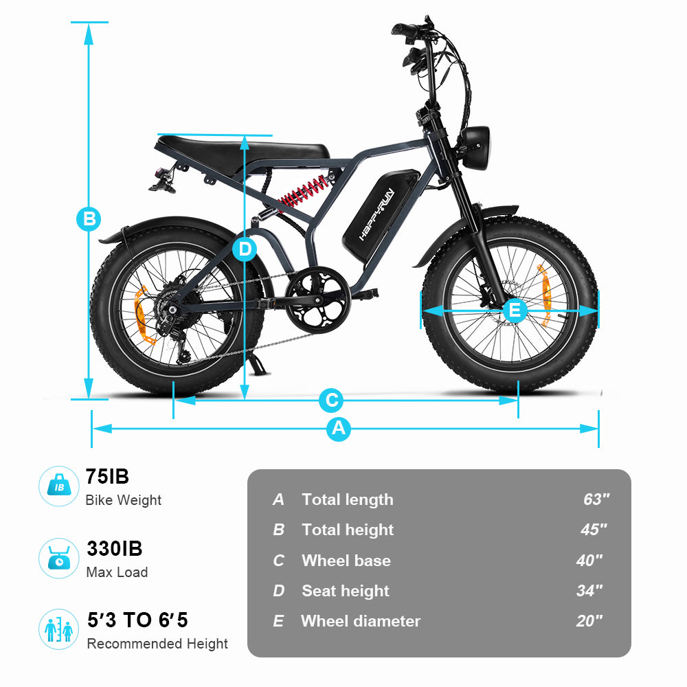 HappyRun G60 moped-style electric bike size chart